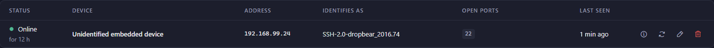 IoT device row: unidentified embedded device running a Dropbear SSH server on port 22