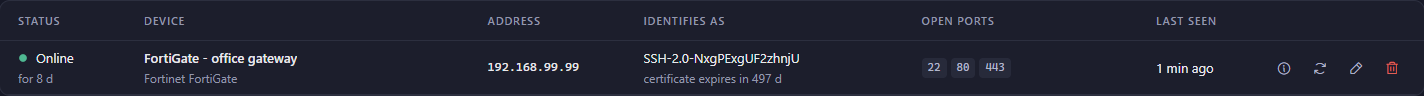 Router row: firewall gateway with ports 22, 80 and 443 open and certificate expiring in 497 days